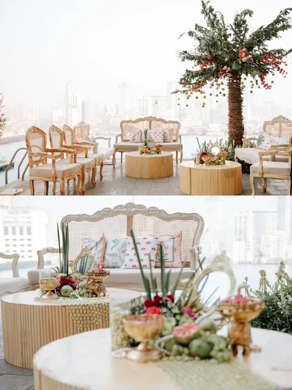 A collage showcasing the lounge seating and the detailed tablescapes, featuring fresh fruit, flowers, and traditional elements.