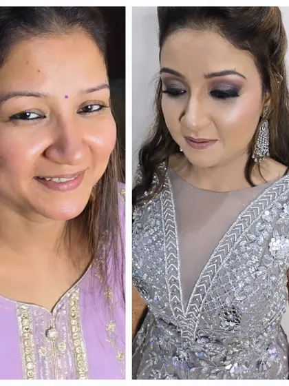 A gorgeous transformation for an evening event. We created a dramatic smoky eye and sculpted her features to complement her stunning silver-grey gown, making her feel confident and empowered.