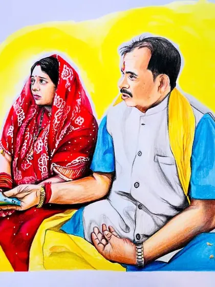 The completed portrait of the couple from the work-in-progress shot. The bright yellow background adds a lot of energy to the piece.