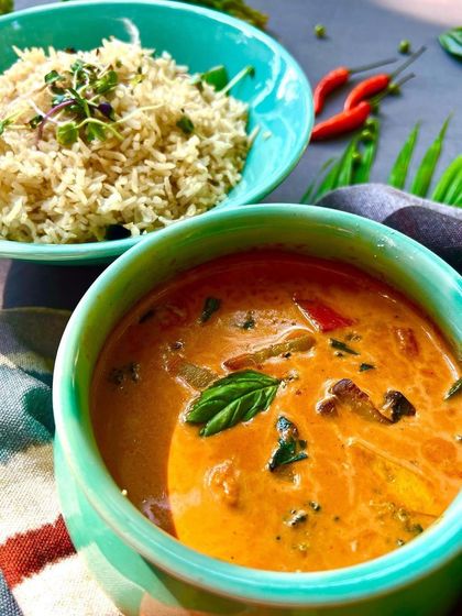 Our homemade Thai curry paste is blended with aromatic herbs to create a perfect harmony of flavors. This authentic, healthy curry will transport you straight to Thailand with every bite.