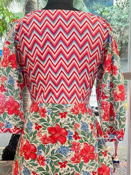 A close-up of the back of our floral kurta, showing the beautiful mix of floral and chevron prints.