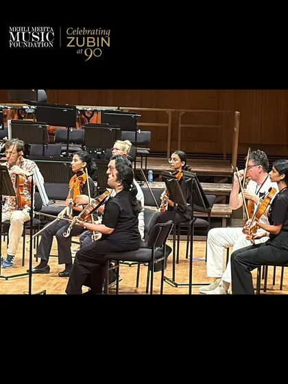 Our students in the violin section, rehearsing for the 'Celebrating Zubin at 90' concert. This image captures the dedication required to perform at such a high-profile event.