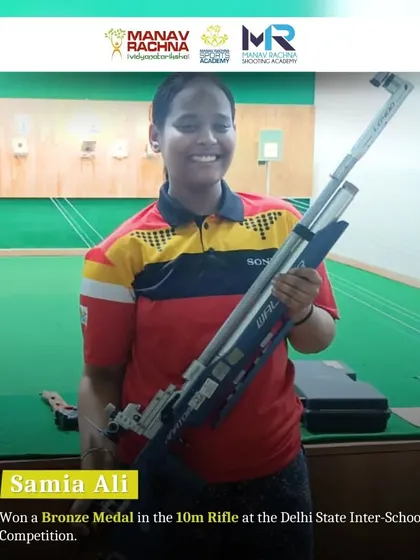 We celebrate every achievement. Here, our shooter Samia Ali proudly holds her rifle after winning a Bronze Medal in the 10m Rifle event at the Delhi State Inter-School Competition.