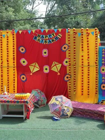 The vibrant setup for our Baisakhi celebration. We create a festive village scene to teach children about the significance of the harvest festival in a joyful and colourful environment.