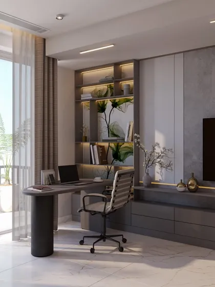 A compact and stylish home office nook is seamlessly integrated into the bedroom, complete with a sleek desk and shelving, positioned to take advantage of the natural light from the balcony.
