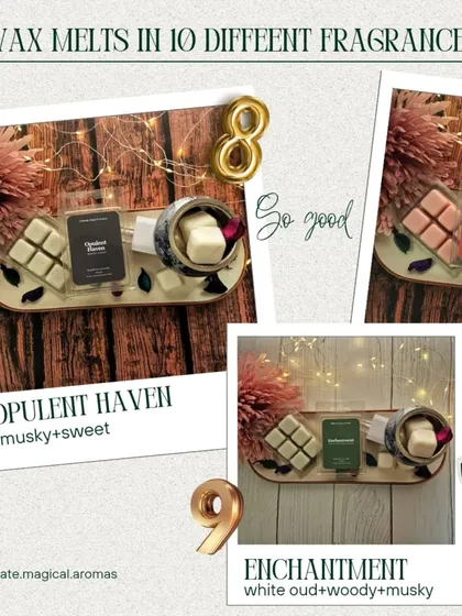 A collage showcasing my wax melts in 'Opulent Haven' and 'Enchantment'. These are just two of the ten captivating fragrances available to fill your home with scent.
