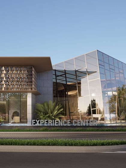 This is the final render of an extraordinary 22,000 sq ft Experience Center in Mumbai. The design features a dramatic, angled glass pavilion juxtaposed with a parametrically designed facade, creating a captivating dialogue between different architectural volumes.