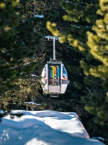 A ski gondola, framed by trees, ascends a snowy mountain. A simple, quiet moment that captures the feeling of a day on the slopes.