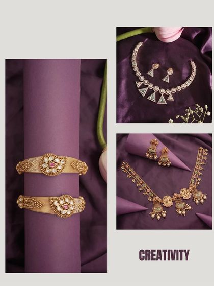 A theme of 'Creativity'. The rich purple background provides a royal and imaginative setting for these unique gold and diamond jewelry sets, showcasing their artistic designs.