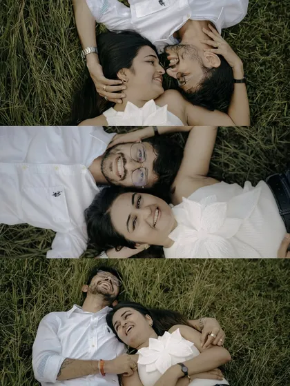 A collage of happy moments lying in the grass. These top-down shots capture the couple's carefree laughter and easy intimacy.