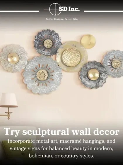 Add texture with sculptural wall decor. Metal art, macramé hangings, or vintage signs can create a beautiful focal point in any room.