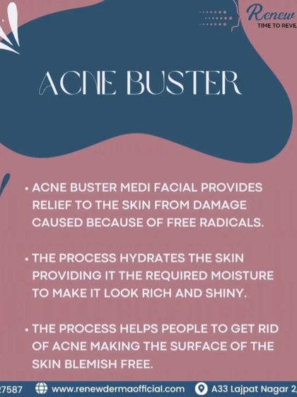 This graphic details our Acne Buster medi-facial. This treatment provides relief from damage caused by free radicals, deeply hydrates the skin to make it look rich and shiny, and helps clear acne to make the skin's surface blemish-free.