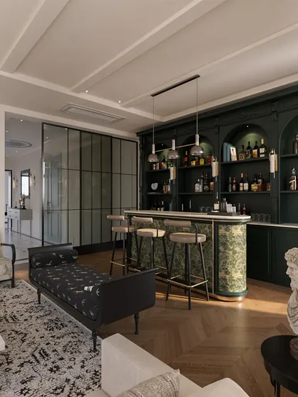 We design spaces that reflect your lifestyle. For clients who love to entertain, we created this expansive, dramatic bar as the centerpiece of their family lounge, using a rich, dark finish and neoclassical details to make it a true statement piece.
