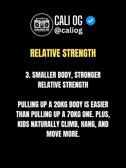 A key reason kids are strong for their size is relative strength. Pulling up a 20kg body is much easier than a 70kg one. They also naturally climb, hang, and move more.