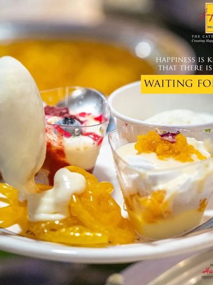Happiness is knowing that there is dessert waiting for you. A plate filled with a variety of our sweet offerings, including Jalebi with Rabdi and fruit parfaits.