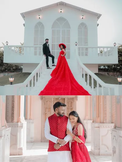I offer a diverse range of styles in a single shoot. This couple enjoyed a grand, fairytale moment with a flowing red gown at my private film city, alongside a classic portrait session in traditional attire against Jaipur's heritage architecture.