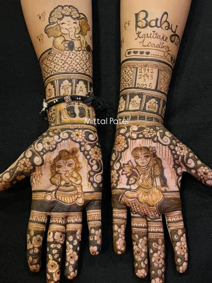 A full view of the divine baby shower mehndi. The design combines figures of Radha and Krishna with a "Baby Loading" message and a countdown calendar.