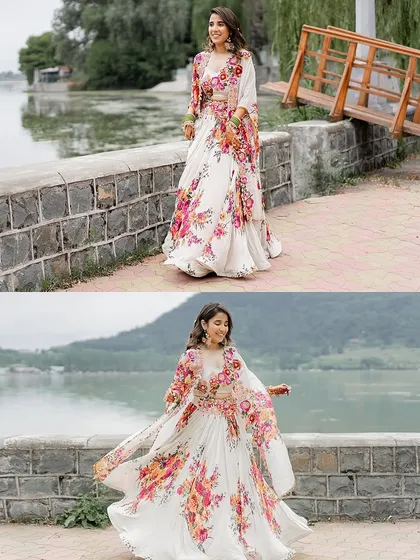 A collage of the bride's Haldi look, showing the beautiful movement of her floral lehenga against the serene backdrop of the lake.