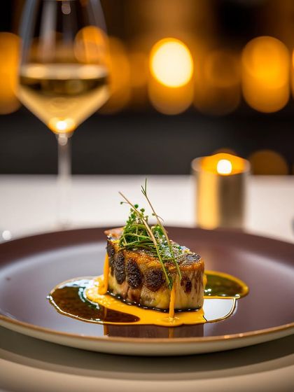 A perfectly seared fish fillet sits atop a rich, flavourful sauce, garnished with fresh herbs. The warm, ambient lighting from the candle and bokeh background highlights the intimate, fine-dining atmosphere we create for any event.