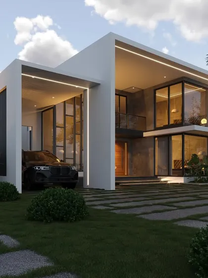 This contemporary villa design features clean lines, expansive glass walls, and a minimalist white and grey color scheme. The open-plan ground floor and cantilevered upper level create a sense of lightness and space, ideal for modern tropical living.