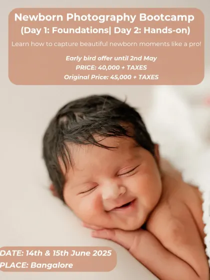 An announcement for the 2-day Newborn Photography Bootcamp with early bird pricing.