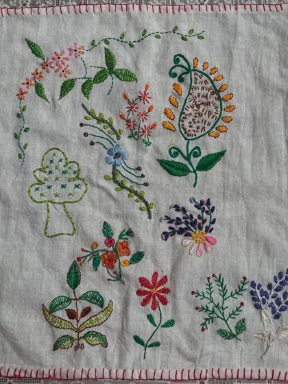 The full sampler made by my talented student, Abhirami. It showcases a wide range of freestyle stitches and motifs she learned in the module.