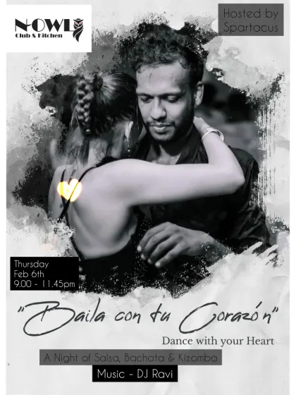 The poster for 'Baila con tu Corazón' (Dance with your Heart), a night of Salsa, Bachata, and Kizomba in Jubilee Hills, Hyderabad.