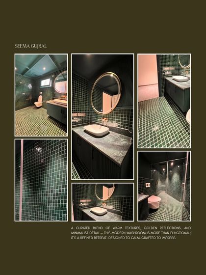 This mood board captures the essence of the Seema Gujral washroom project. It showcases the deep emerald grid tiles, the golden accents of the mirror, and the minimalist details that come together to create a refined retreat, proving that even functional spaces can be luxurious.