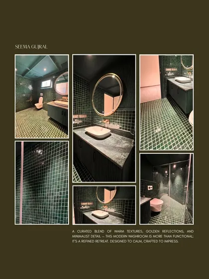 A moodboard collage for a modern washroom project for Seema Gujral. The design features a deep green mosaic tile, golden reflections, and minimalist details to create a refined retreat.