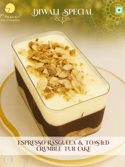Add a dash of sparkle to your Diwali with our Espresso Rasgulla & Toasted Crumble Tub Cake. This fusion dessert combines the kick of espresso with the sweetness of rasgulla.