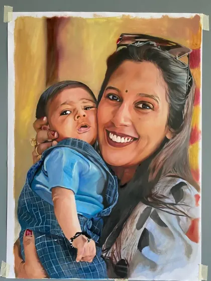 The pure joy of a mother holding her baby, immortalized in a colorful oil painting. The bright smiles make this piece feel so alive.