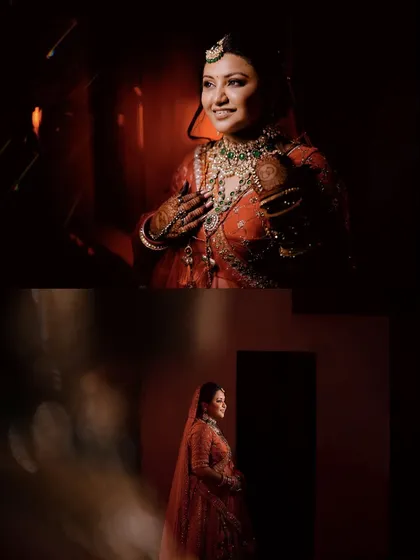 A collage of dramatic, low-light bridal portraits. The play of shadow and warm light creates a moody, cinematic feel that is both artistic and beautiful.