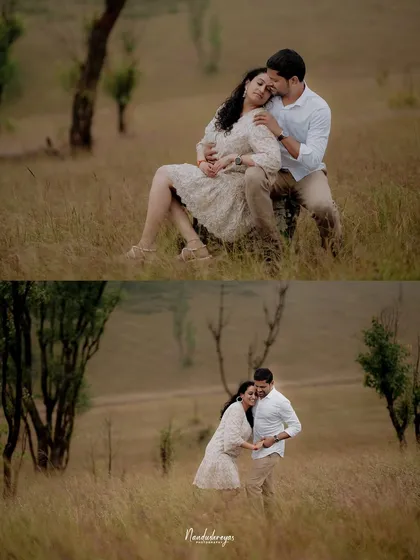 A collage of two images showing a couple's tender moments in a beautiful, wild field, highlighting the romantic and serene side of an outdoor shoot.