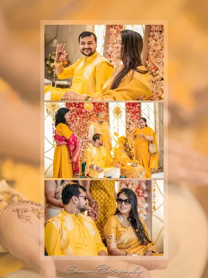 A vertical collage of candid moments from a Haldi ceremony, showing the couple interacting with guests.