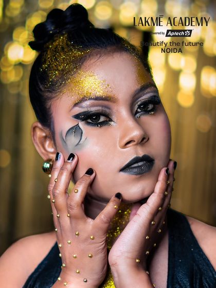 A close-up of a fantasy glam look with a hand-painted leaf detail. This shows the fine artistry and attention to detail that our advanced makeup courses cover.