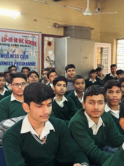 A classroom full of attentive students at a government school in Delhi during an awareness program on adolescent nutrition. It's so important to teach them how food choices today build the foundation for their health tomorrow.