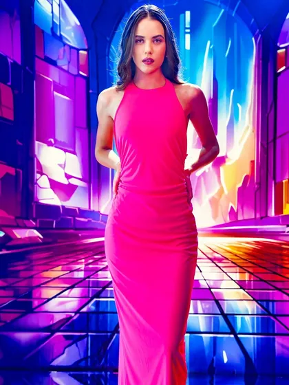 A vibrant, futuristic hallway with neon and crystal-like structures, created entirely with projection. This technique allows me to build surreal and imaginative worlds that make fashion pop.