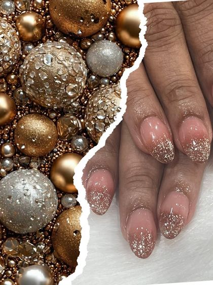 Simple yet glamorous. These nails feature a sheer nude base with a heavy gold and silver glitter gradient at the tips.