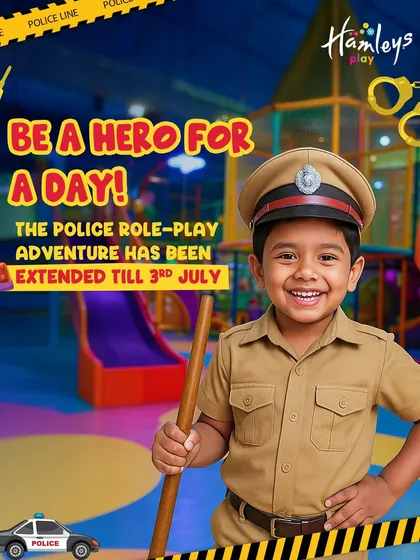 The police role-play adventure is on! A happy junior officer in full uniform is ready to be a hero for a day. It’s a great way for kids to learn about community helpers while having fun.