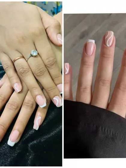 This image shows my work next to a client's inspiration photo. I recreated this trendy side-French manicure with abstract white lines on natural-looking square extensions.