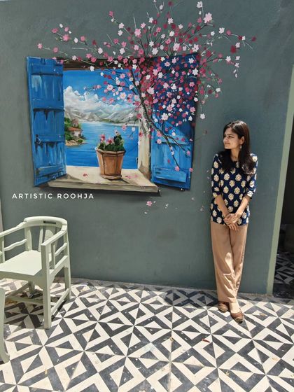 Another angle of the 3D window mural. Notice how the lighting and shadows make the blossoms and shutters appear to pop off the wall.