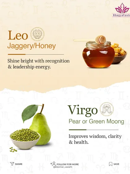 Offerings for Leo and Virgo. Leos can offer jaggery or honey to enhance leadership energy and gain recognition. For Virgos, offering pear or green moong improves wisdom, clarity, and health.
