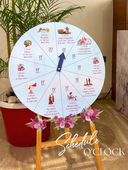 Why use a boring itinerary? We created this fun 'Schedule O'Clock' wheel to keep guests informed about the various functions in an interactive and stylish way.