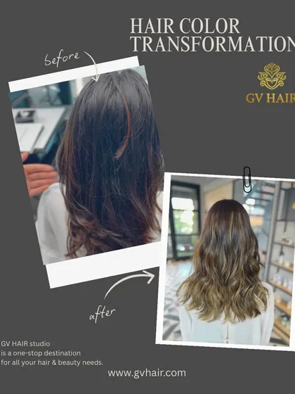 A classic before and after collage showing a hair color transformation. We added dimension and lightness for a fresh, modern style.