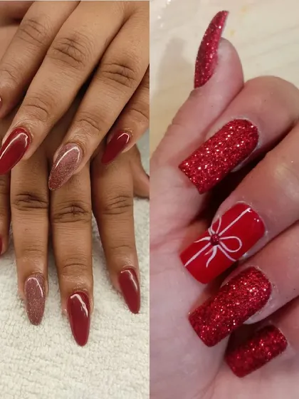 A glimpse into our creative nail art capabilities. On the left, elegant almond-shaped gel extensions in a deep red with a sparkling accent nail. On the right, a festive and fun look with bright red glitter and a hand-painted gift bow design.