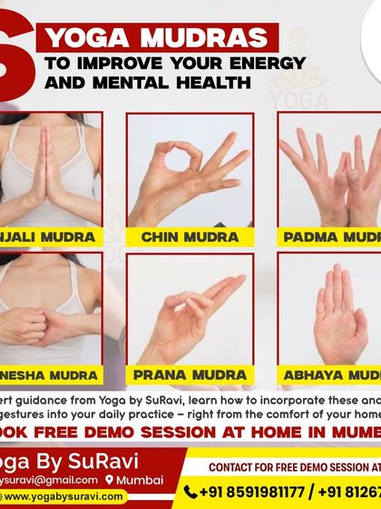 We teach six yoga mudras to improve energy and mental health, including Anjali Mudra for reverence and Chin Mudra for consciousness.