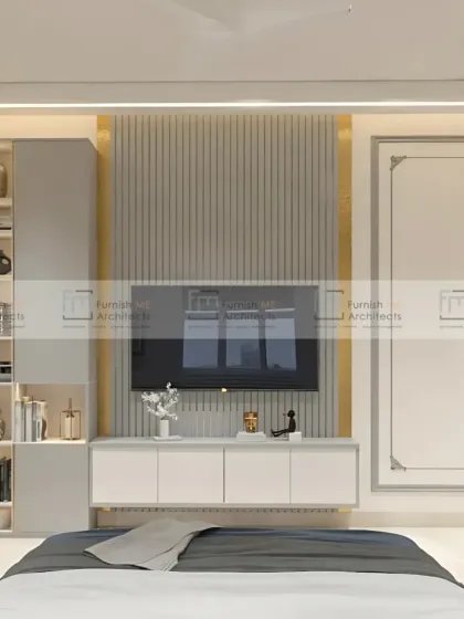 The TV unit in this bedroom is a great example of functional elegance. A fluted panel behind the TV adds texture, while the open and closed storage cabinets provide space for both display and organization.