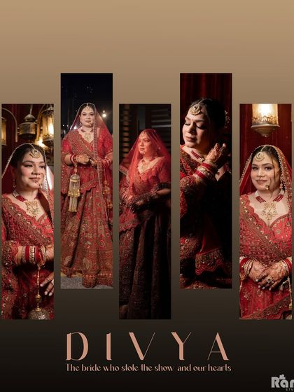 A beautiful collage celebrating the bride, "Divya." It combines several of her portraits to create a story of her bridal look, showcasing her as the star of the show.