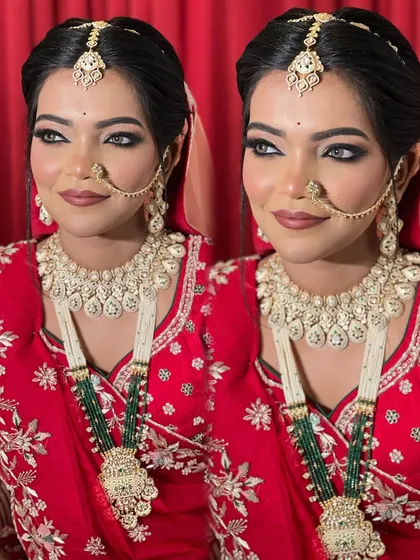 A dual-panel shot showcasing the bold eye makeup and the stunning layered necklace.