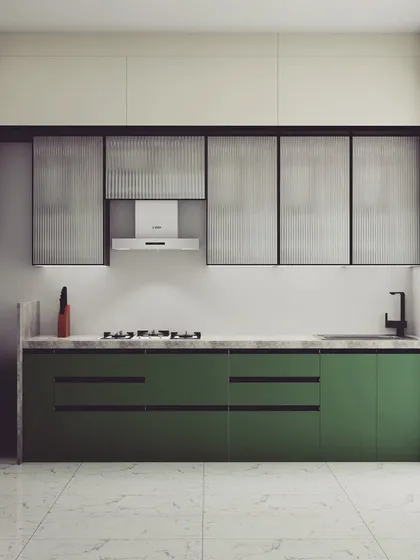 Our process begins with a detailed 3D visualization. This render shows a modern green kitchen design, allowing you to see exactly how the acrylic finishes, fluted glass shutters, and under-cabinet lighting will look in your space before we build anything.